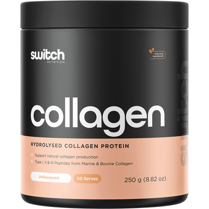 250g tub of Switch Nutrition Hydrolysed Collagen Protein Unflavoured on a white background.