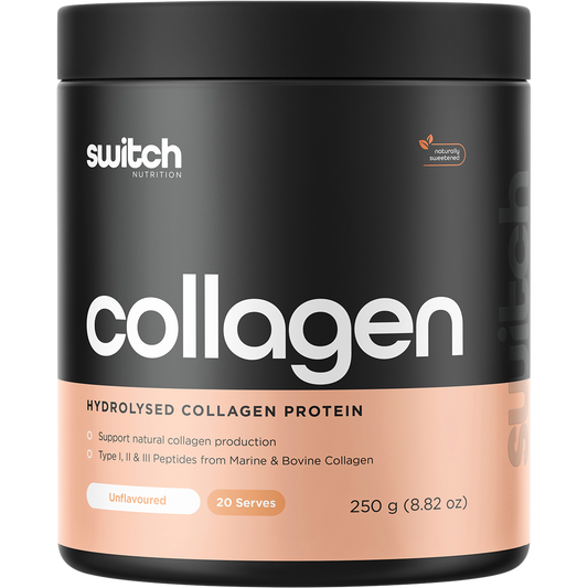 250g tub of Switch Nutrition Hydrolysed Collagen Protein Unflavoured on a white background.
