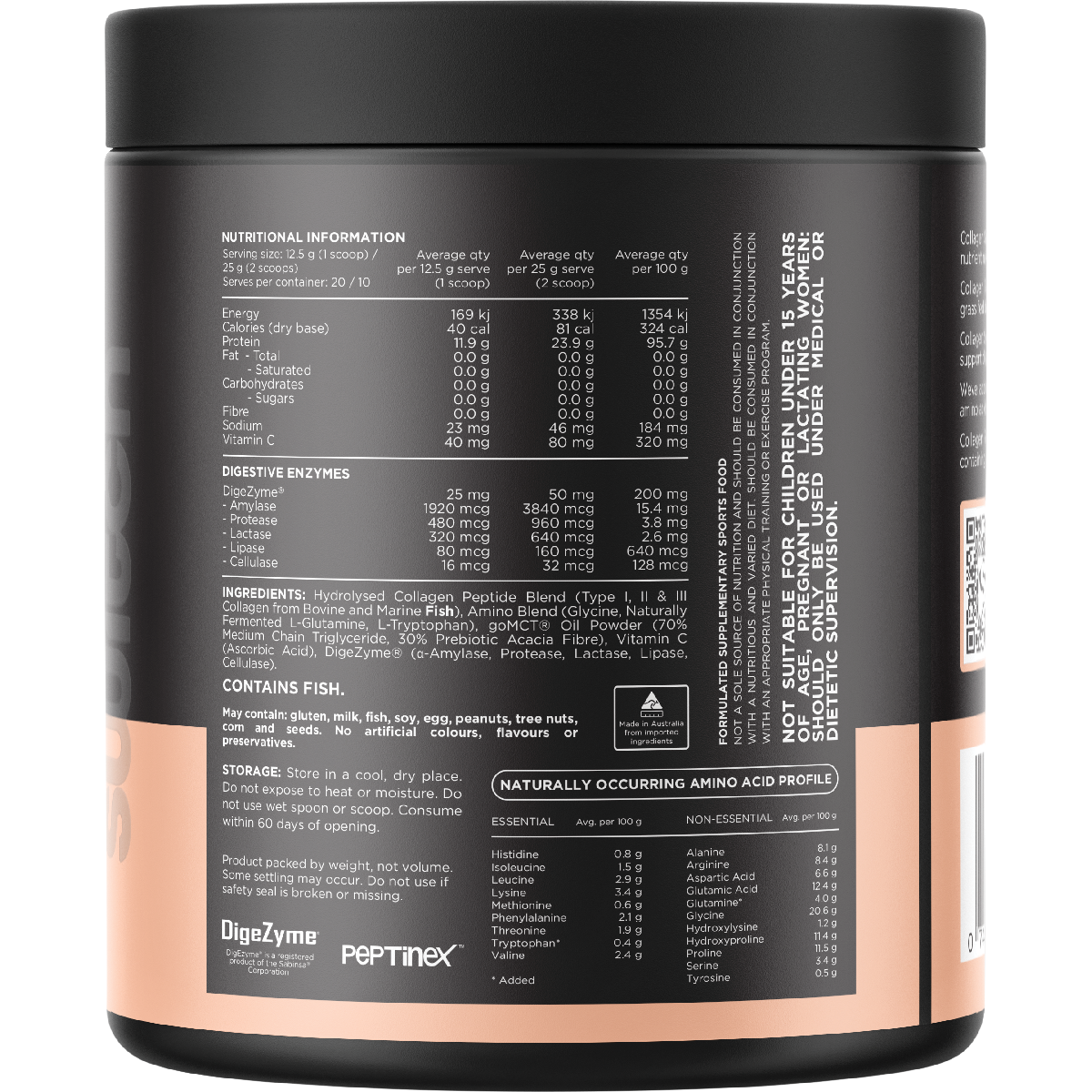 Back of the 250g Switch Nutrition Hydrolysed Collagen Protein Unflavoured tub showing nutrition and ingredient details.