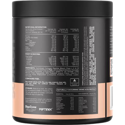 Back of the 250g Switch Nutrition Hydrolysed Collagen Protein Unflavoured tub showing nutrition and ingredient details.