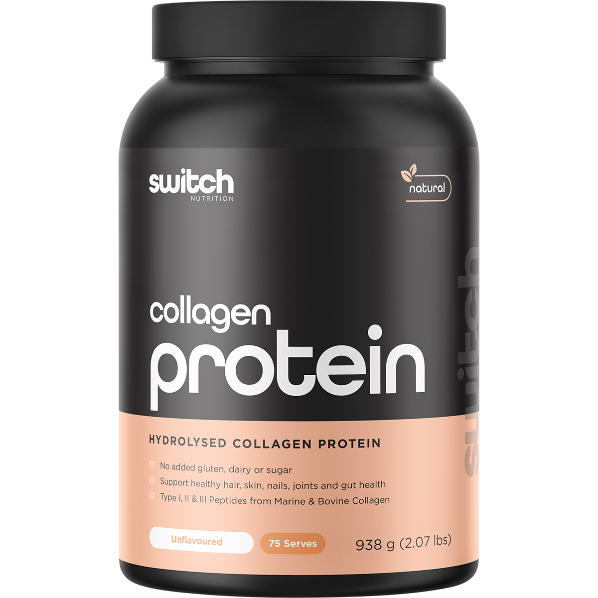 938g tub of Switch Nutrition Hydrolysed Collagen Protein Unflavoured with a clean white and blue label design.