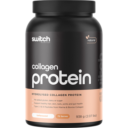 938g tub of Switch Nutrition Hydrolysed Collagen Protein Unflavoured with a clean white and blue label design.