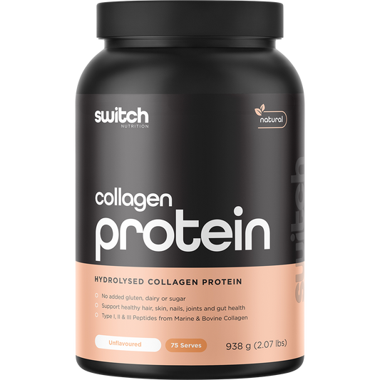 938g tub of Switch Nutrition Hydrolysed Collagen Protein Unflavoured with a clean white and blue label design.