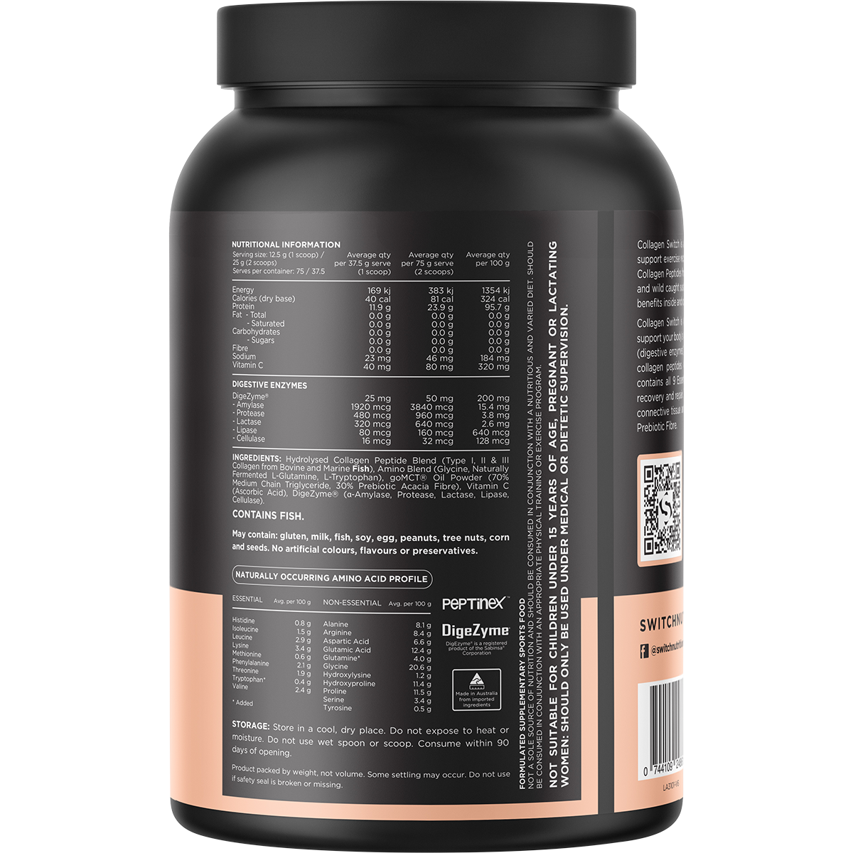 Back of Switch Nutrition Unflavoured Hydrolysed Collagen Protein tub showing nutritional facts and ingredients.