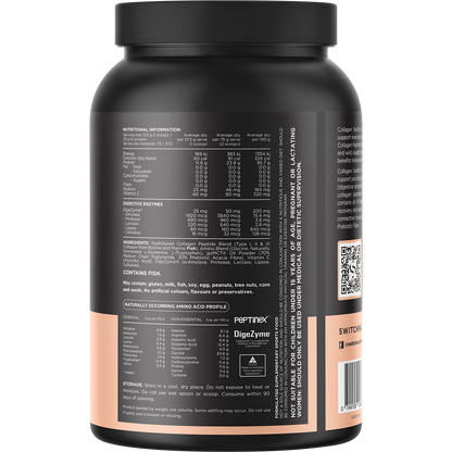 Back of Switch Nutrition Unflavoured Hydrolysed Collagen Protein tub showing nutritional facts and ingredients.