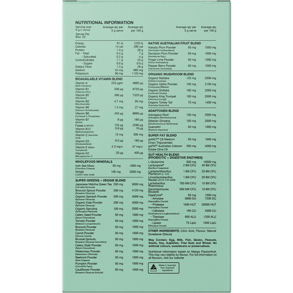 Back of Switch Nutrition Greens box showing nutritional information, ingredients, and directions for 20 sachets.