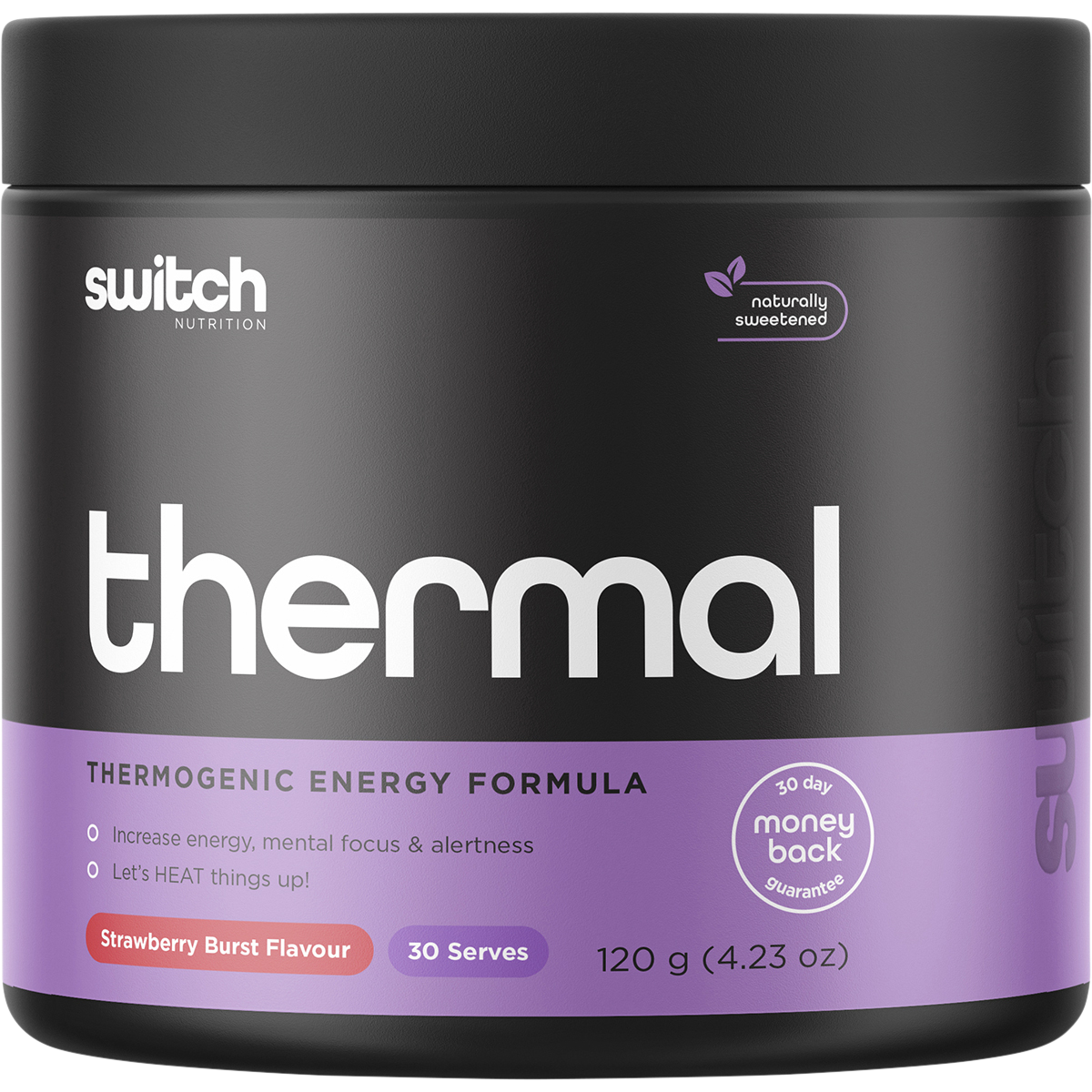 120g tub of Switch Nutrition Thermal Strawberry Burst, a thermogenic energy formula with a white and pink label.
