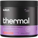 120g tub of Switch Nutrition Thermal Strawberry Burst, a thermogenic energy formula with a white and pink label.