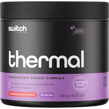 120g tub of Switch Nutrition Thermal Strawberry Burst, a thermogenic energy formula with a white and pink label.