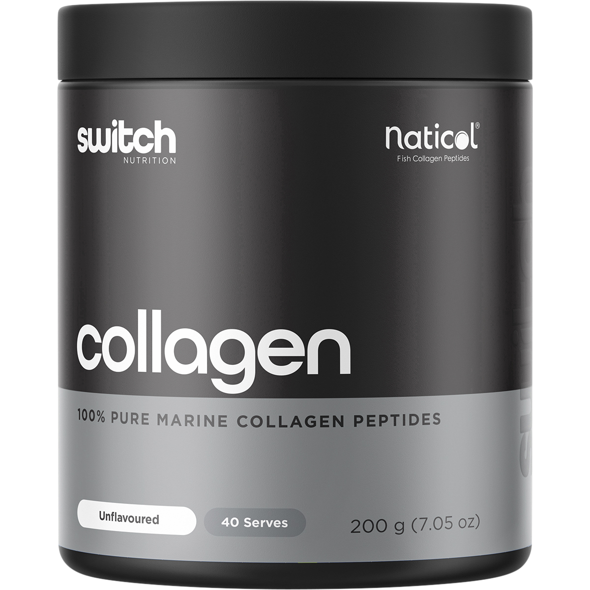 200g tub of Switch Nutrition Marine Collagen, 100% pure and unflavoured, featuring a blue and white label.