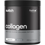 200g tub of Switch Nutrition Marine Collagen, 100% pure and unflavoured, featuring a blue and white label.