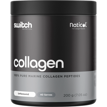 200g tub of Switch Nutrition Marine Collagen, 100% pure and unflavoured, featuring a blue and white label.