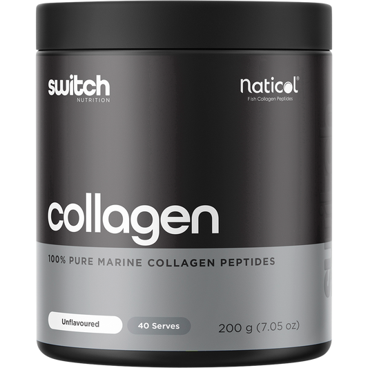 200g tub of Switch Nutrition Marine Collagen, 100% pure and unflavoured, featuring a blue and white label.