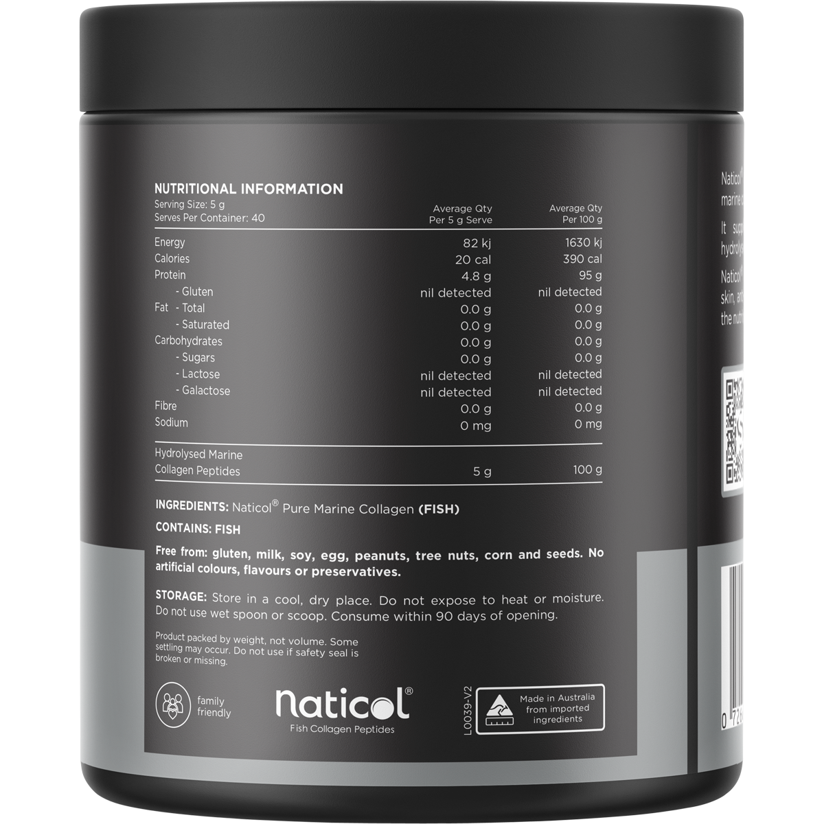 Back of a Switch Nutrition Marine Collagen 200g tub showing nutrition facts, ingredients, and directions for use.