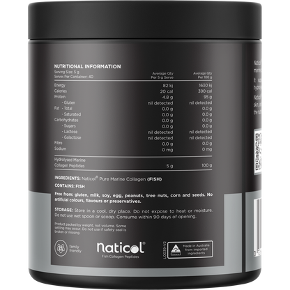 Back of a Switch Nutrition Marine Collagen 200g tub showing nutrition facts, ingredients, and directions for use.