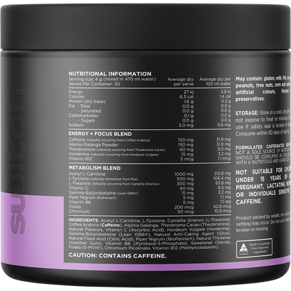 Back view of a 120g tub of Switch Nutrition Thermal Strawberry Burst showing the nutrition and ingredient label.