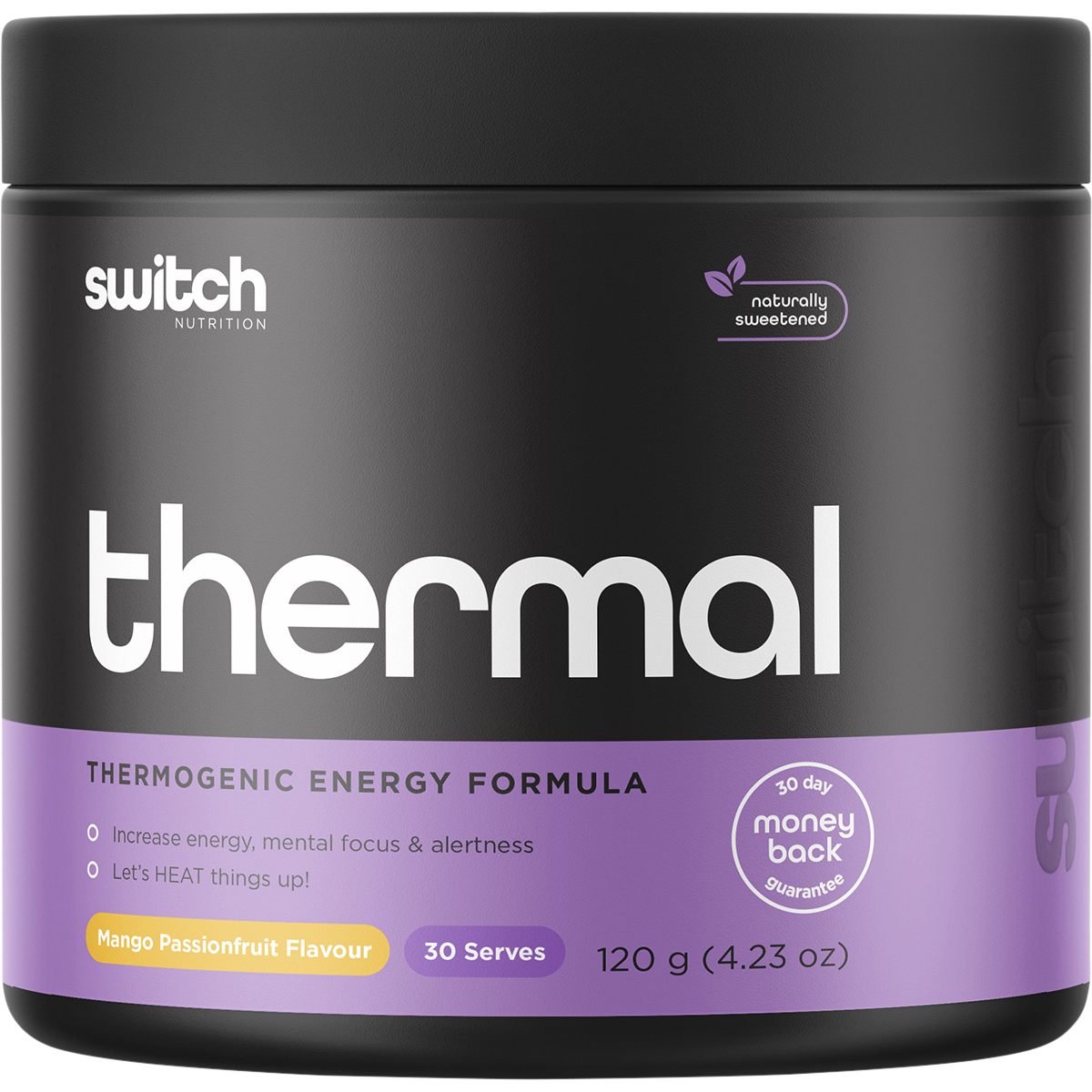 120g tub of Switch Nutrition Thermal Mango Passionfruit thermogenic energy formula on a white background.