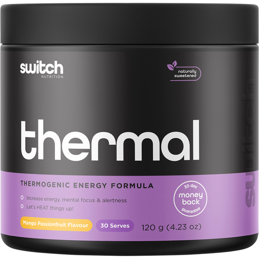 120g tub of Switch Nutrition Thermal Mango Passionfruit thermogenic energy formula on a white background.