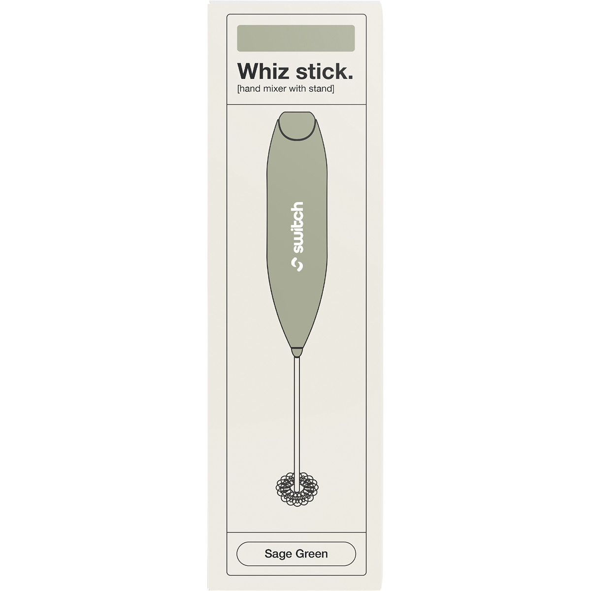 Sage green Switch Nutrition Whiz Stick electric mixer retail packaging box on a white background.