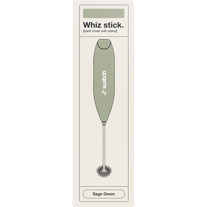 Sage green Switch Nutrition Whiz Stick electric mixer retail packaging box on a white background.
