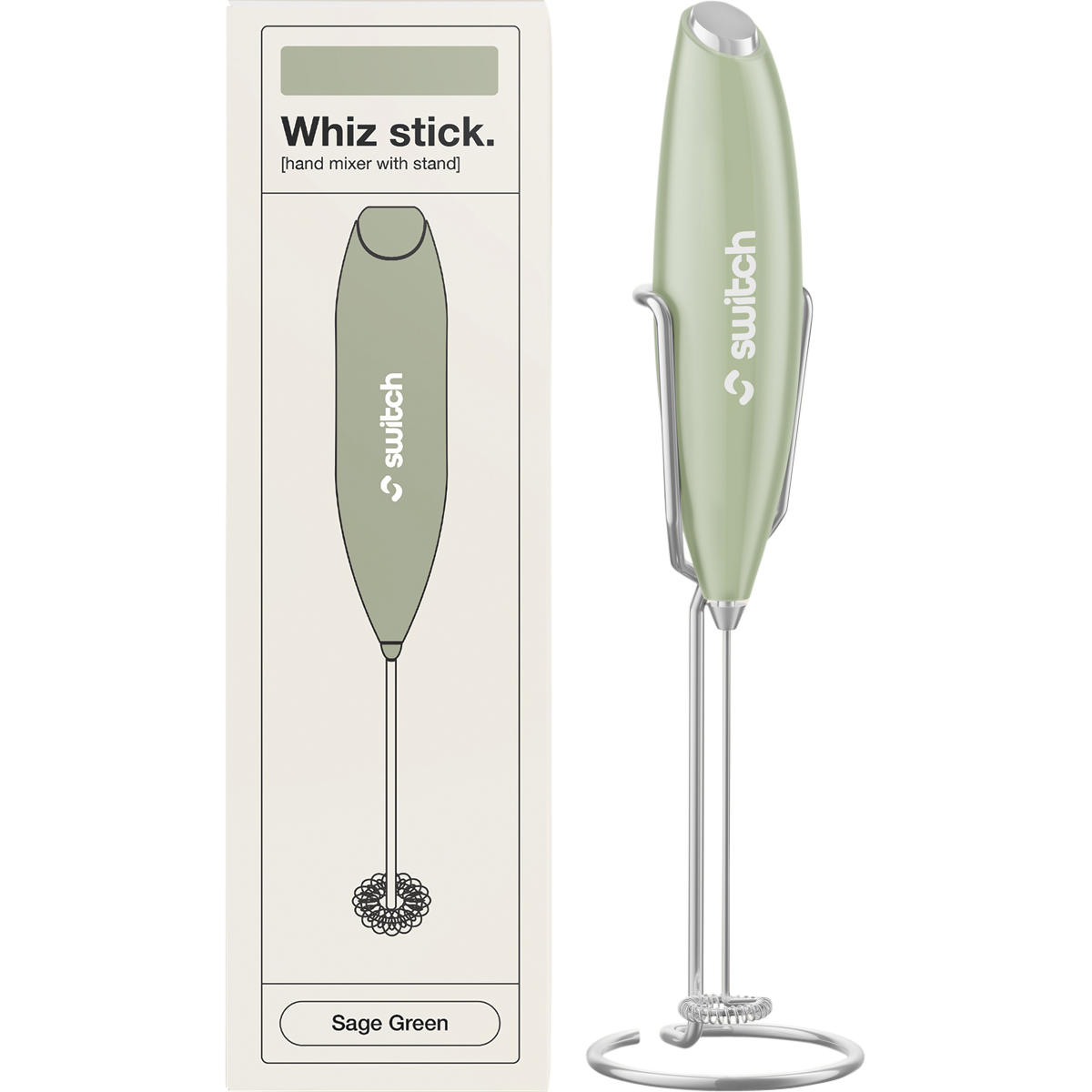Sage green Switch Nutrition Whiz Stick electric handheld mixer with a silver whisk attachment and a matching storage stand.