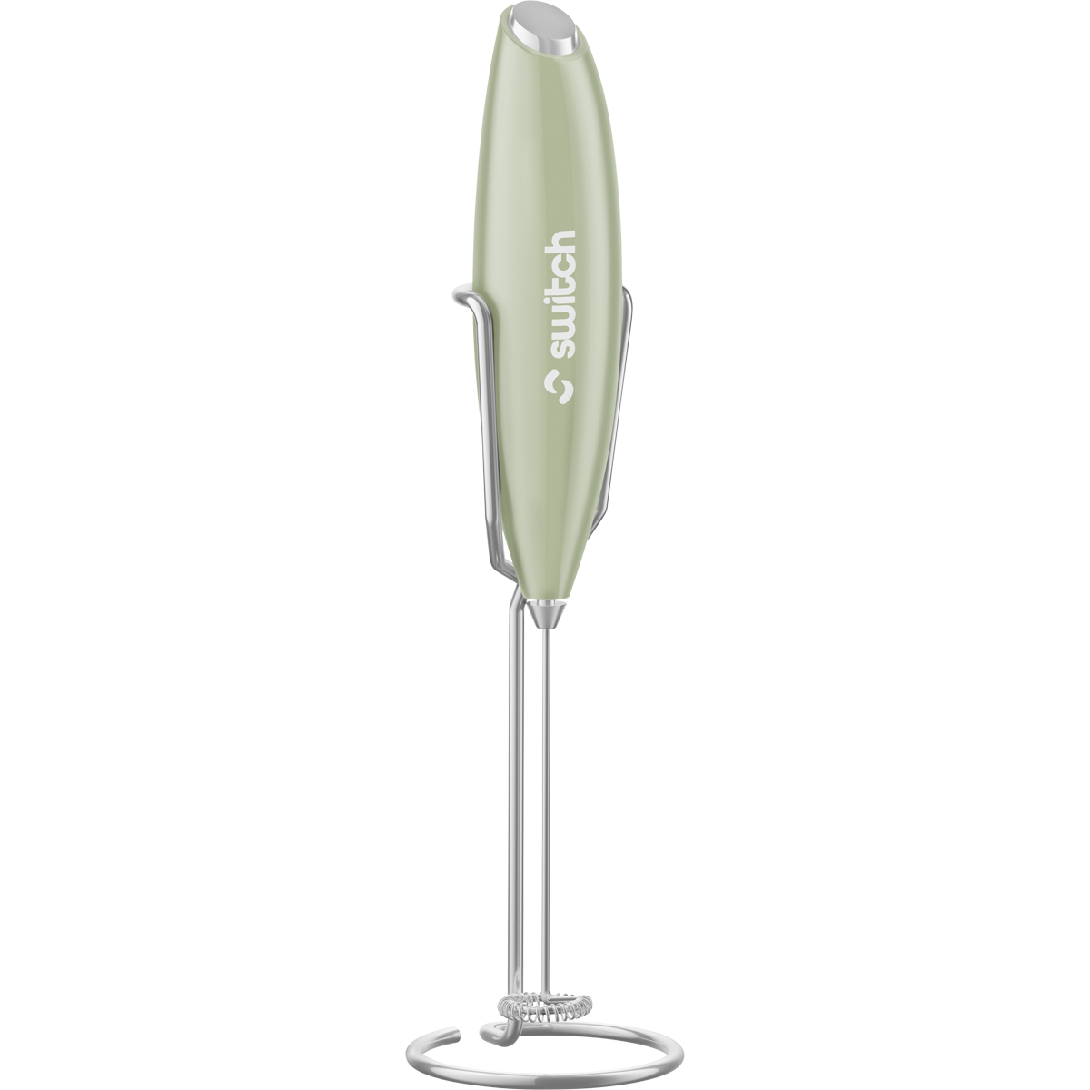 Sage green Switch Nutrition Whiz Stick electric handheld mixer with a silver whisk on a white background.