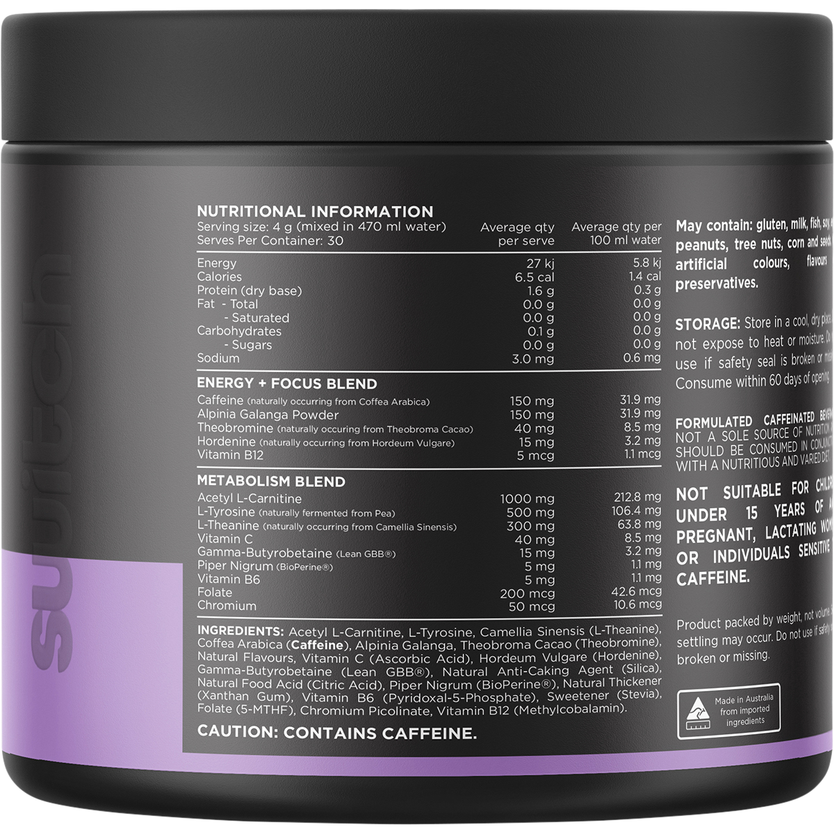 Back of Switch Nutrition Thermal Mango Passionfruit 120g tub with nutritional information and ingredients.