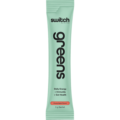 Single 5g sachet of Switch Nutrition Greens in Cloudy Apple flavor with green botanical illustrations.