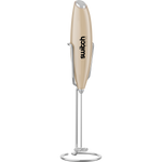 Beige Switch Nutrition Whiz Stick electric mixer and matching storage stand on a white background.