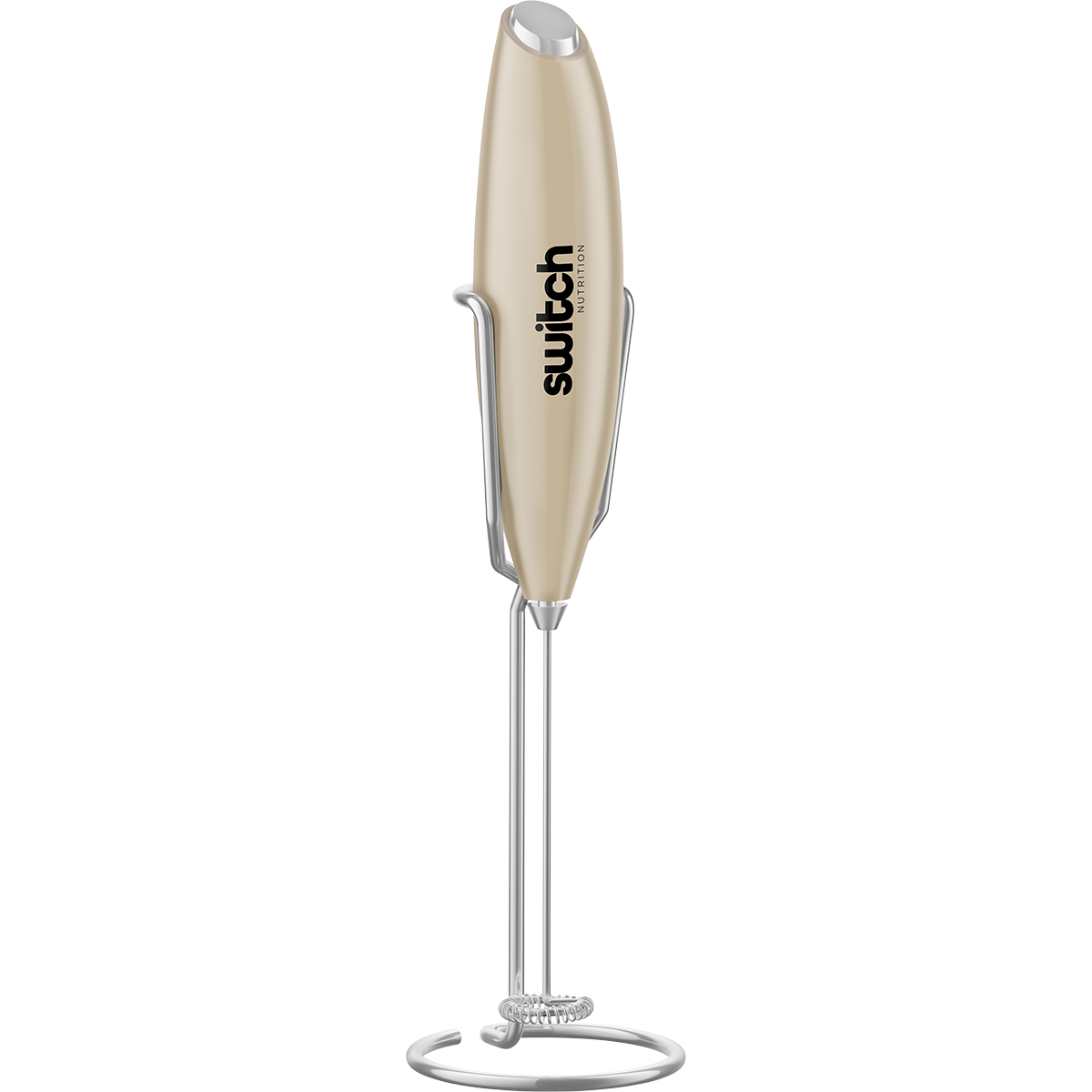 Beige Switch Nutrition Whiz Stick electric mixer and matching storage stand on a white background.