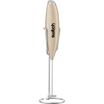 Beige Switch Nutrition Whiz Stick electric mixer and matching storage stand on a white background.
