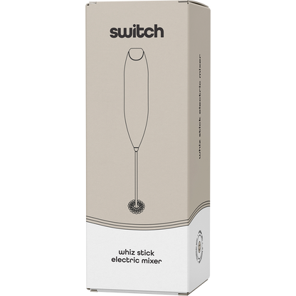 Beige Switch Nutrition Whiz Stick Electric Mixer retail packaging box featuring product features and branding.