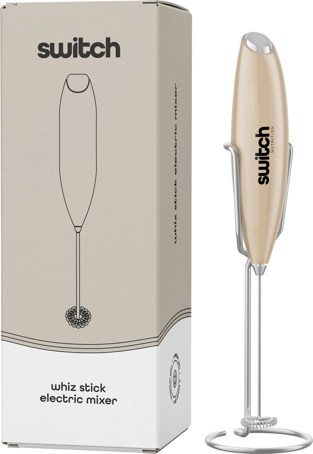 Beige Switch Nutrition Whiz Stick electric mixer shown with its storage stand and product packaging.