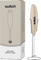 Beige Switch Nutrition Whiz Stick electric mixer shown with its storage stand and product packaging.