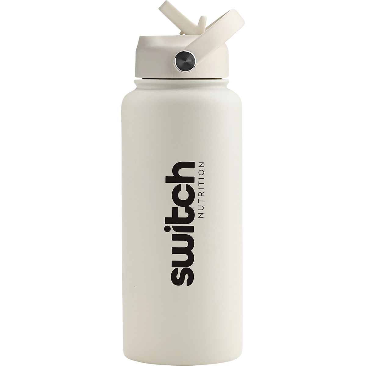 Beige 1L Switch Nutrition stainless steel water bottle with a sleek matte finish and black easy-carry loop lid.