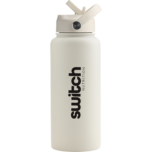 Beige 1L Switch Nutrition stainless steel water bottle with a sleek matte finish and black easy-carry loop lid.