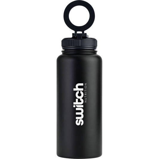 1L black stainless steel Switch Nutrition water bottle featuring a matte finish and integrated phone mount on the lid.