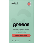 Front of a Switch Nutrition Greens Cloudy Apple box featuring green botanical illustrations and 20 sachet count.