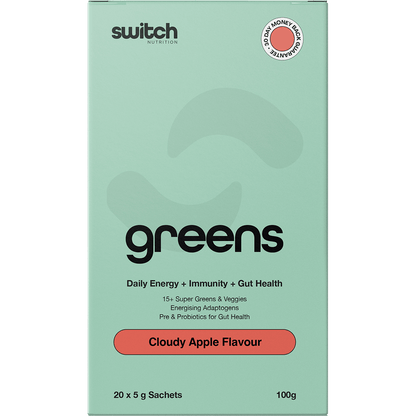 Front of a Switch Nutrition Greens Cloudy Apple box featuring green botanical illustrations and 20 sachet count.