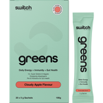 Switch Nutrition Greens box and 20 individual 5g sachets in Cloudy Apple flavor, featuring green botanical illustrations.