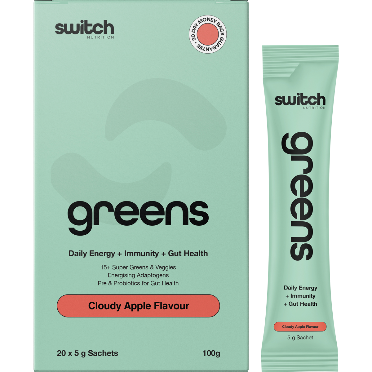 Switch Nutrition Greens box and 20 individual 5g sachets in Cloudy Apple flavor, featuring green botanical illustrations.