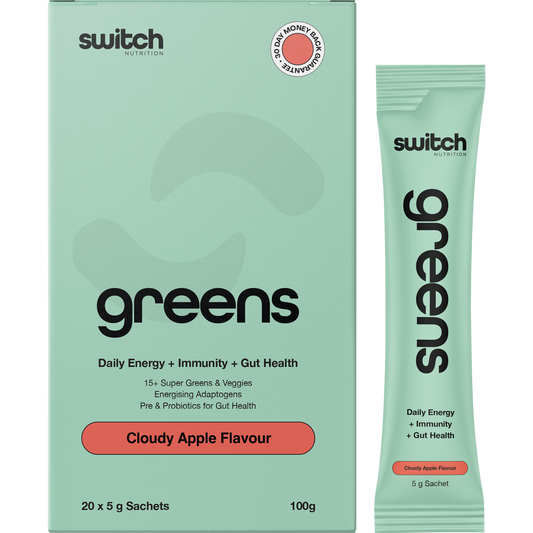 Switch Nutrition Greens box and 20 individual 5g sachets in Cloudy Apple flavor, featuring green botanical illustrations.