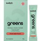 Switch Nutrition Greens box and 20 individual 5g sachets in Cloudy Apple flavor, featuring green botanical illustrations.