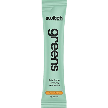 Single wrapped 5g sachet of Switch Nutrition Greens Fruit Juice superfood blend on a white background.