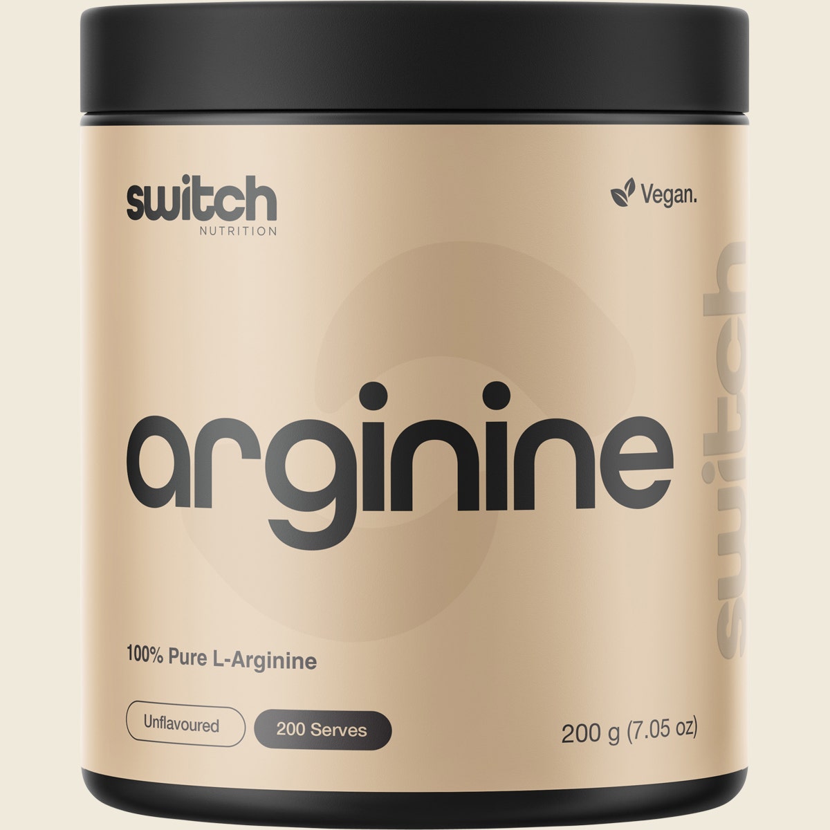200g tub of Switch Nutrition Arginine 100% Pure L-Arginine unflavoured amino acid powder on a white background.