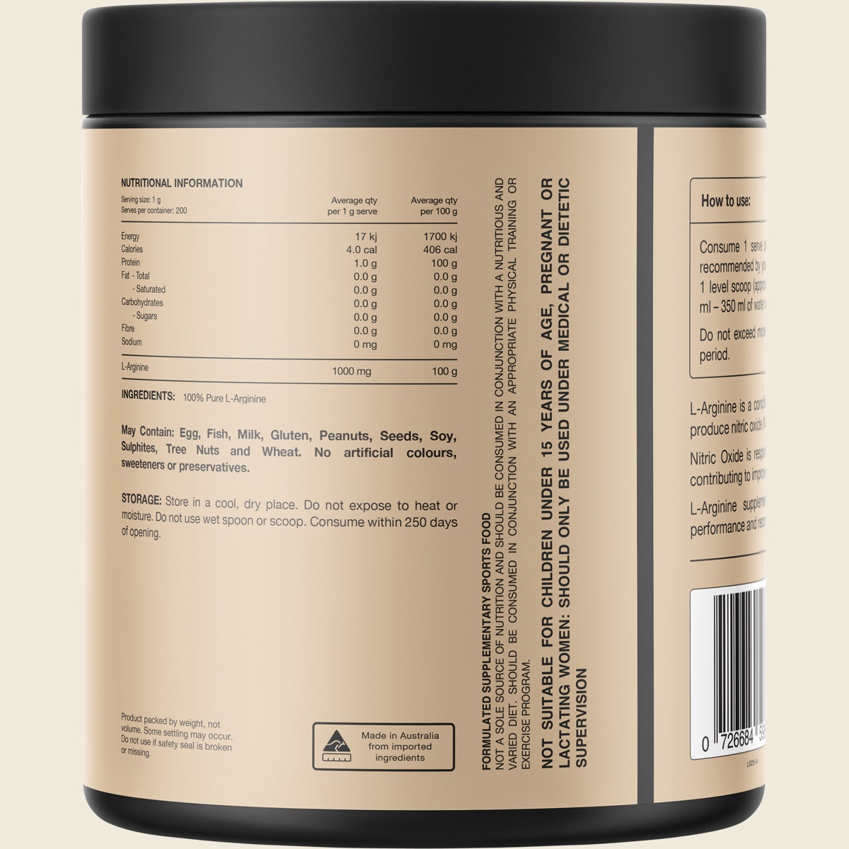 Back of Switch Nutrition Arginine 200g tub showing nutritional information and directions on a white background.