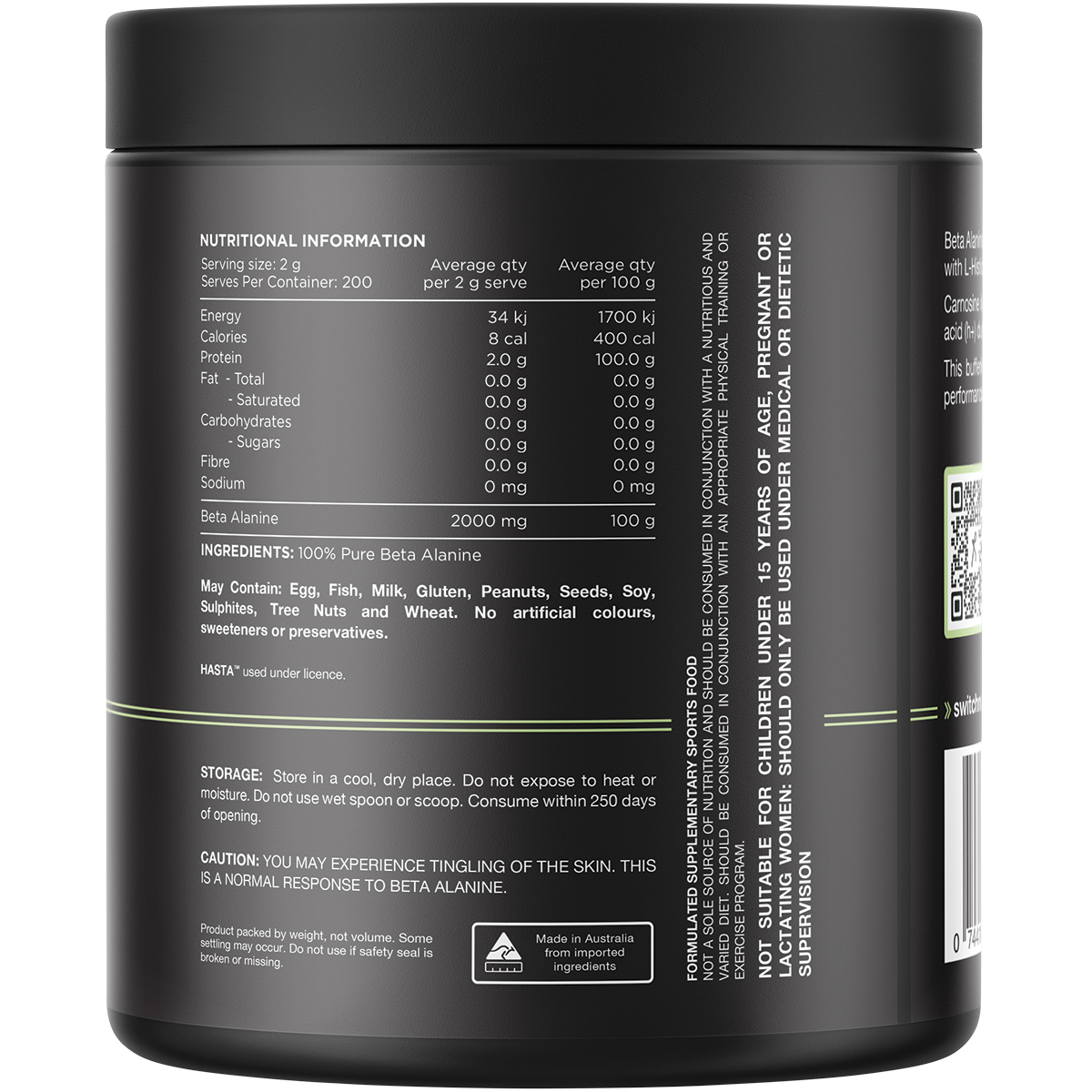 Back of Switch Nutrition 400g Beta Alanine tub showing nutritional information and directions on a white background.
