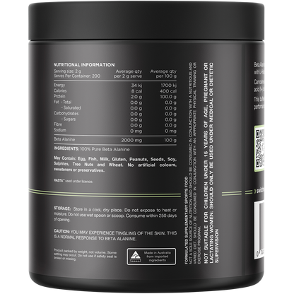 Back of Switch Nutrition 400g Beta Alanine tub showing nutritional information and directions on a white background.