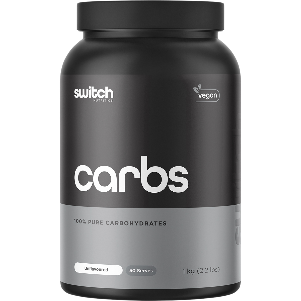 1kg tub of Switch Nutrition Carbs, 100% pure unflavoured carbohydrates, on a white background.