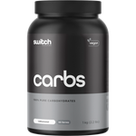 1kg tub of Switch Nutrition Carbs, 100% pure unflavoured carbohydrates, on a white background.